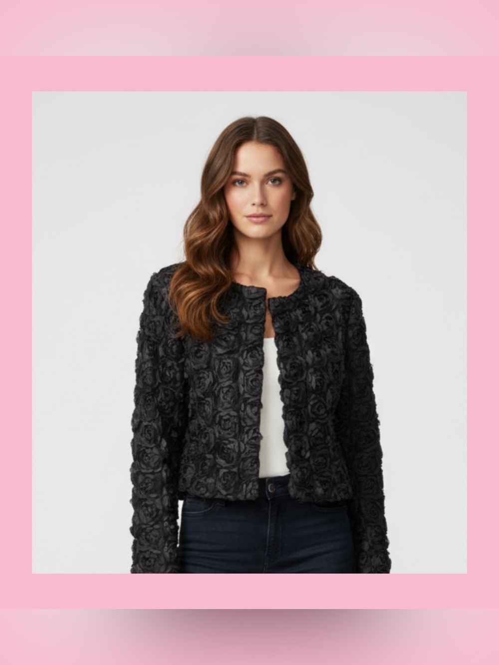Black Textured Rose-Pattern Cropped Jacket